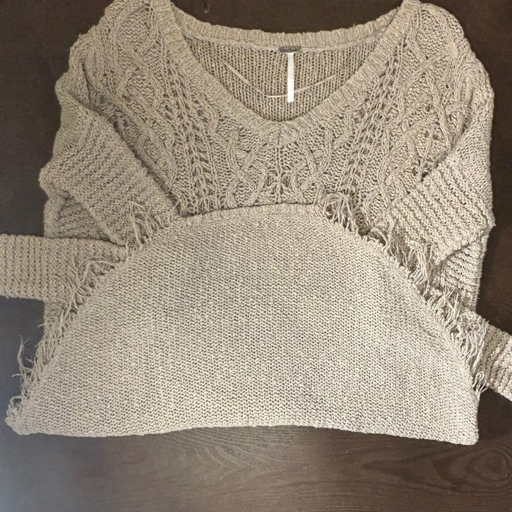 Free People Tan Crew Neck Sweater with Intricate Knit Pattern